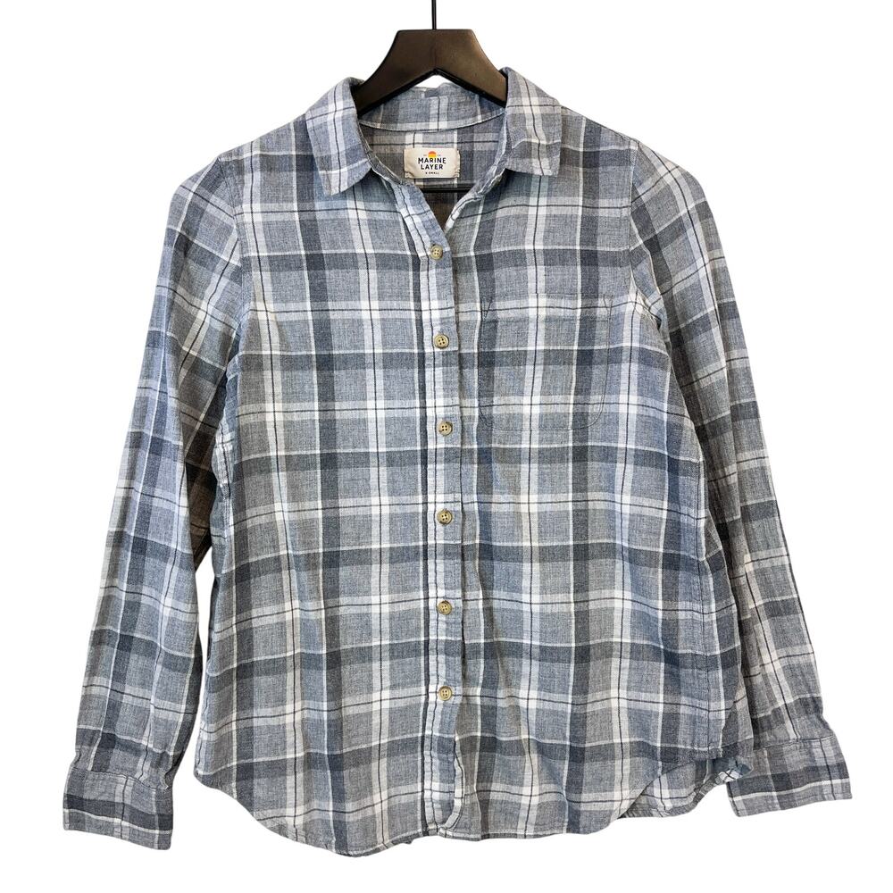 Marine Layer XS Cotton Crossover Back Plaid Button Down Shirt Gray